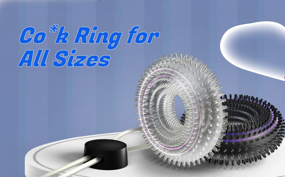 Cock ring product with text 'Co*k Ring for All Sizes' on a blue background