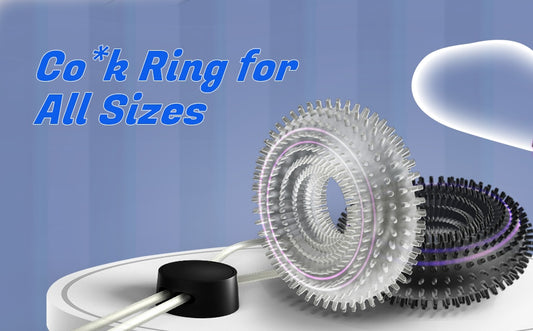 Cock ring product with text 'Co*k Ring for All Sizes' on a blue background
