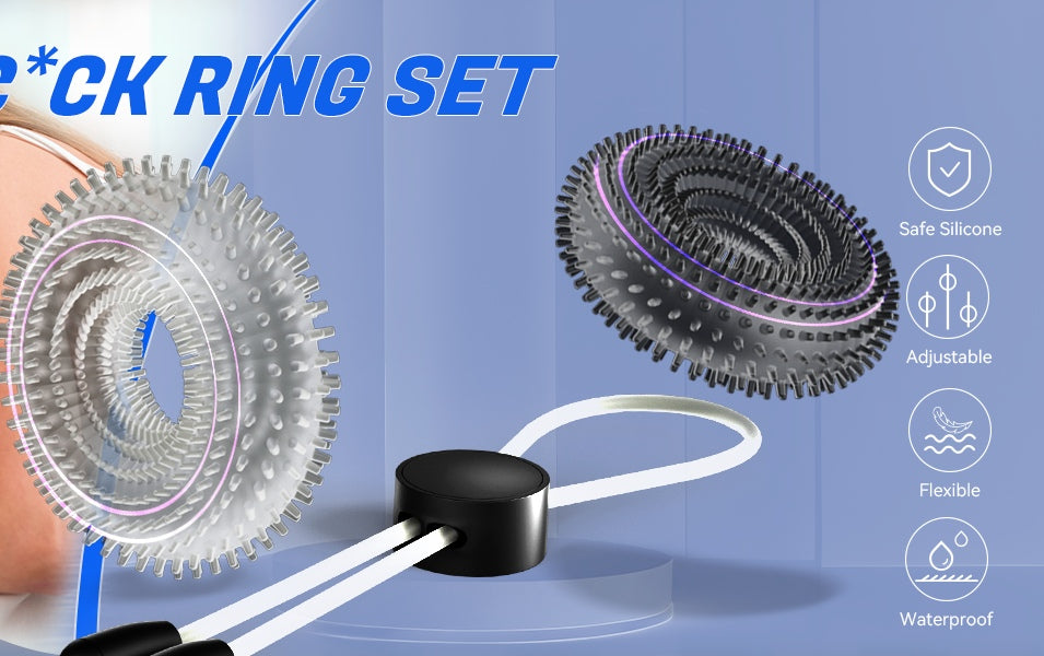 Cock ring product with text 'Co*k Ring for All Sizes' on a blue background