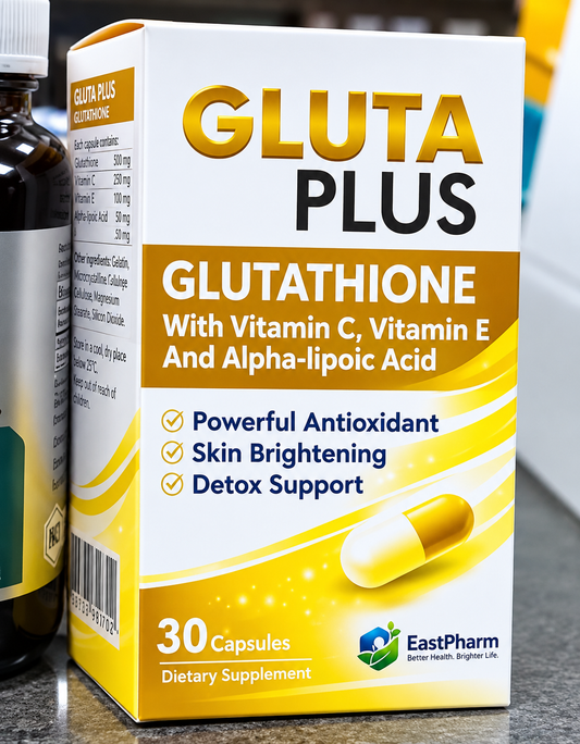 EastPharm Gluta Plus Glutathione 500mg (30 Capsules) - With Vitamin C, Vitamin E & Alpha-Lipoic Acid for Skin Brightening