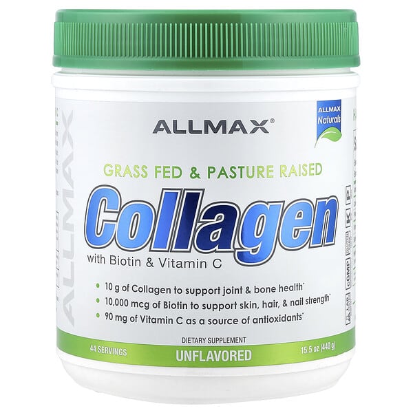 Allmax Collagen supplement container with green lid on a white background