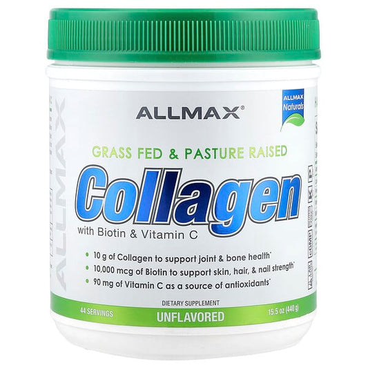 Allmax Collagen supplement container with green lid on a white background
