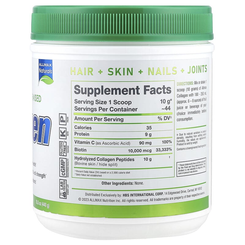 Supplement container with green lid and label detailing supplement facts on a white background