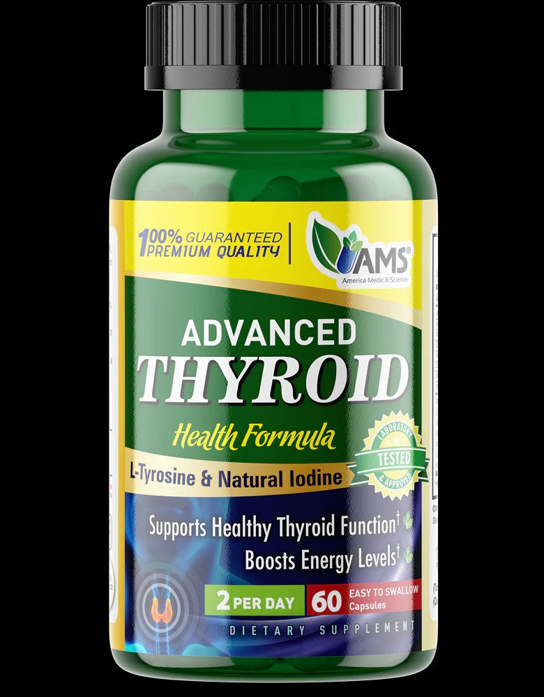 Supplement bottle labeled 'Advanced Thyroid Health Formula' on a black background