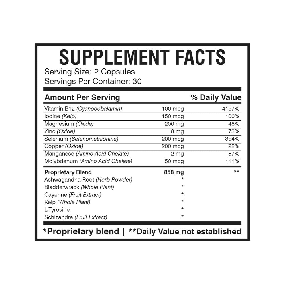 Supplement facts label with detailed nutritional information on a white background