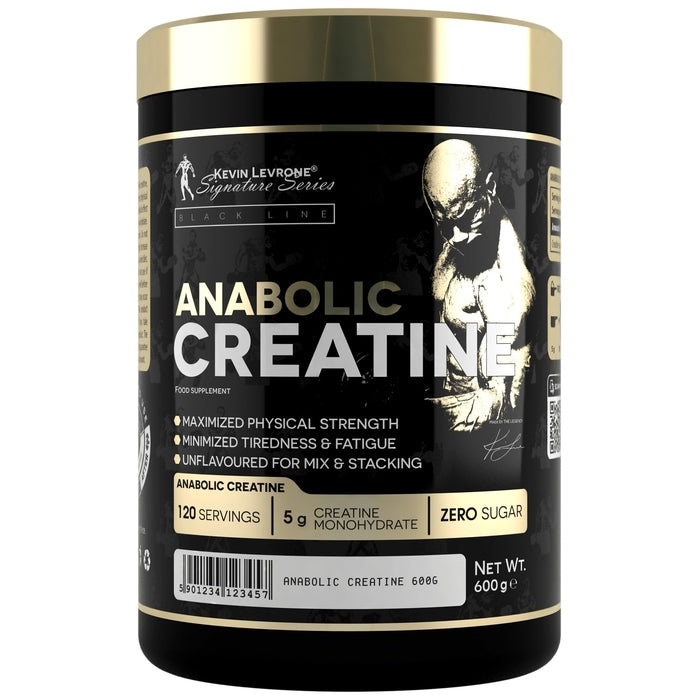 Supplement container labeled 'Anabolic Creatine' with a black and gold design.