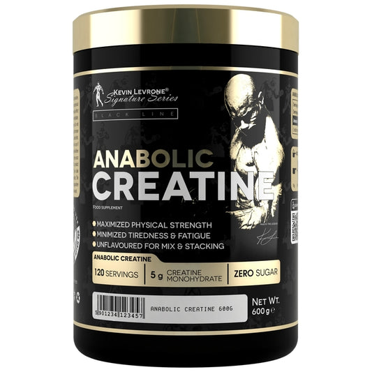 Supplement container labeled 'Anabolic Creatine' with a black and gold design.