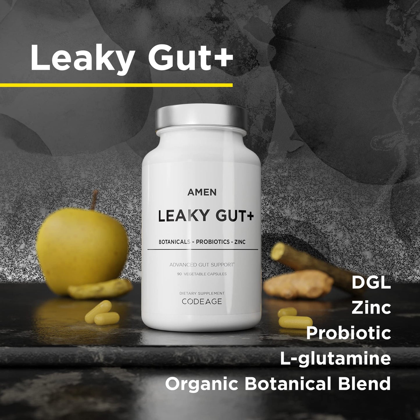 Amen Leaky Gut+ supplement bottle with an apple and ginger on a dark surface