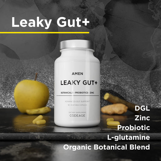 Amen Leaky Gut+ supplement bottle with an apple and ginger on a dark surface