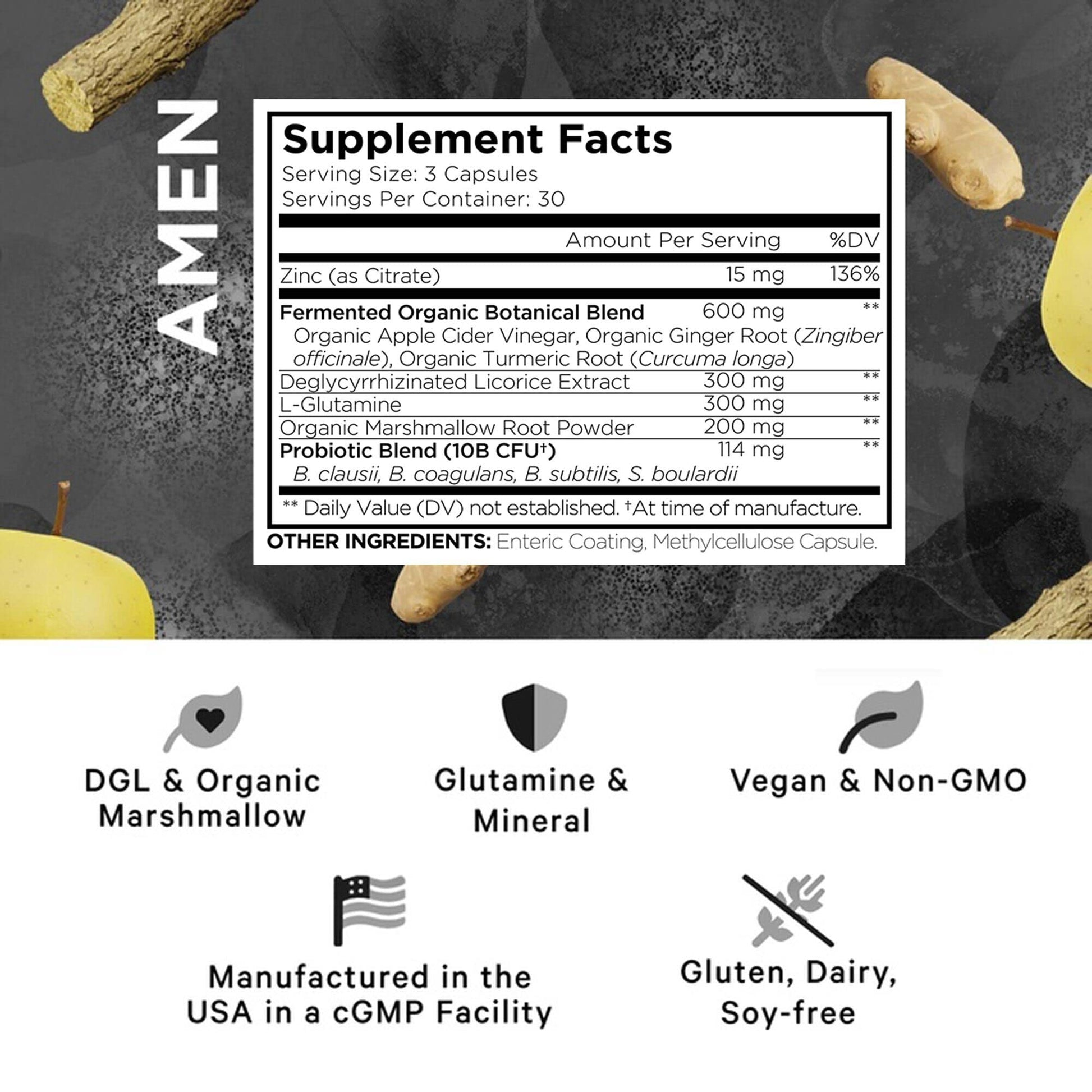 Supplement facts label for a product by AMEN with ingredients and manufacturing details.