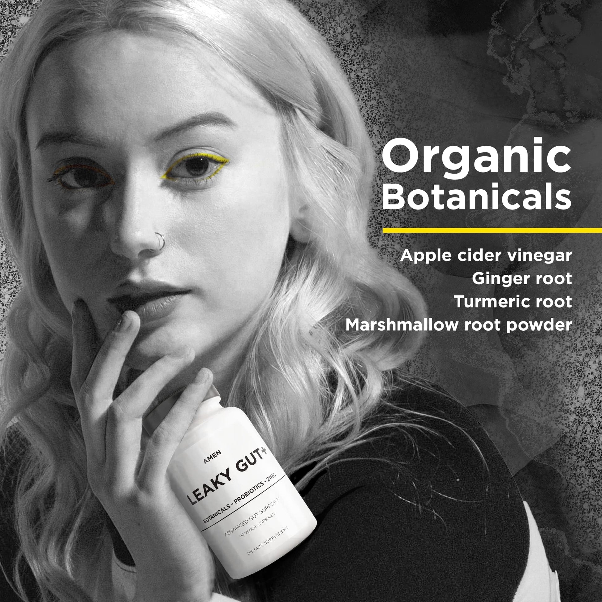 Person holding a bottle labeled 'Leaky Gut' with text about organic botanicals on a textured background