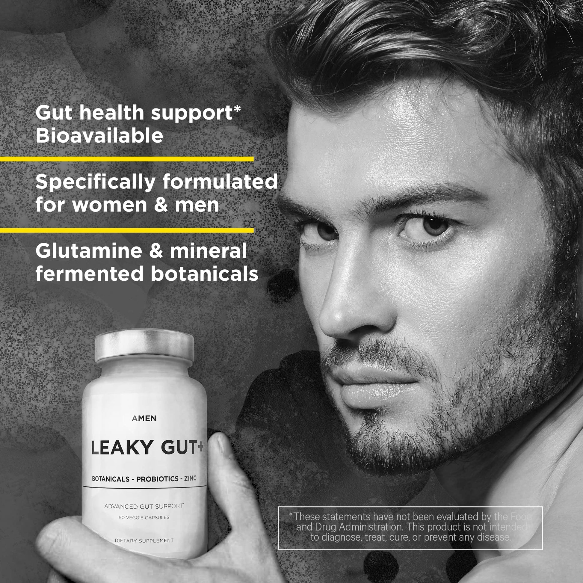 Man holding a supplement bottle with text about gut health support on a dark background