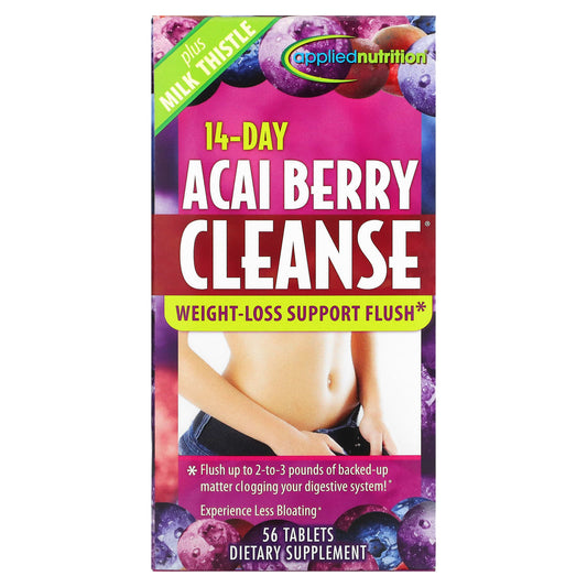 Acai Berry Cleanse supplement package with blueberries on a white background