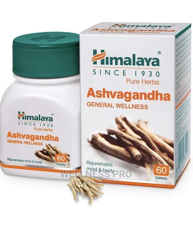 Himalaya Ashvagandha supplement bottle and packaging on a white background