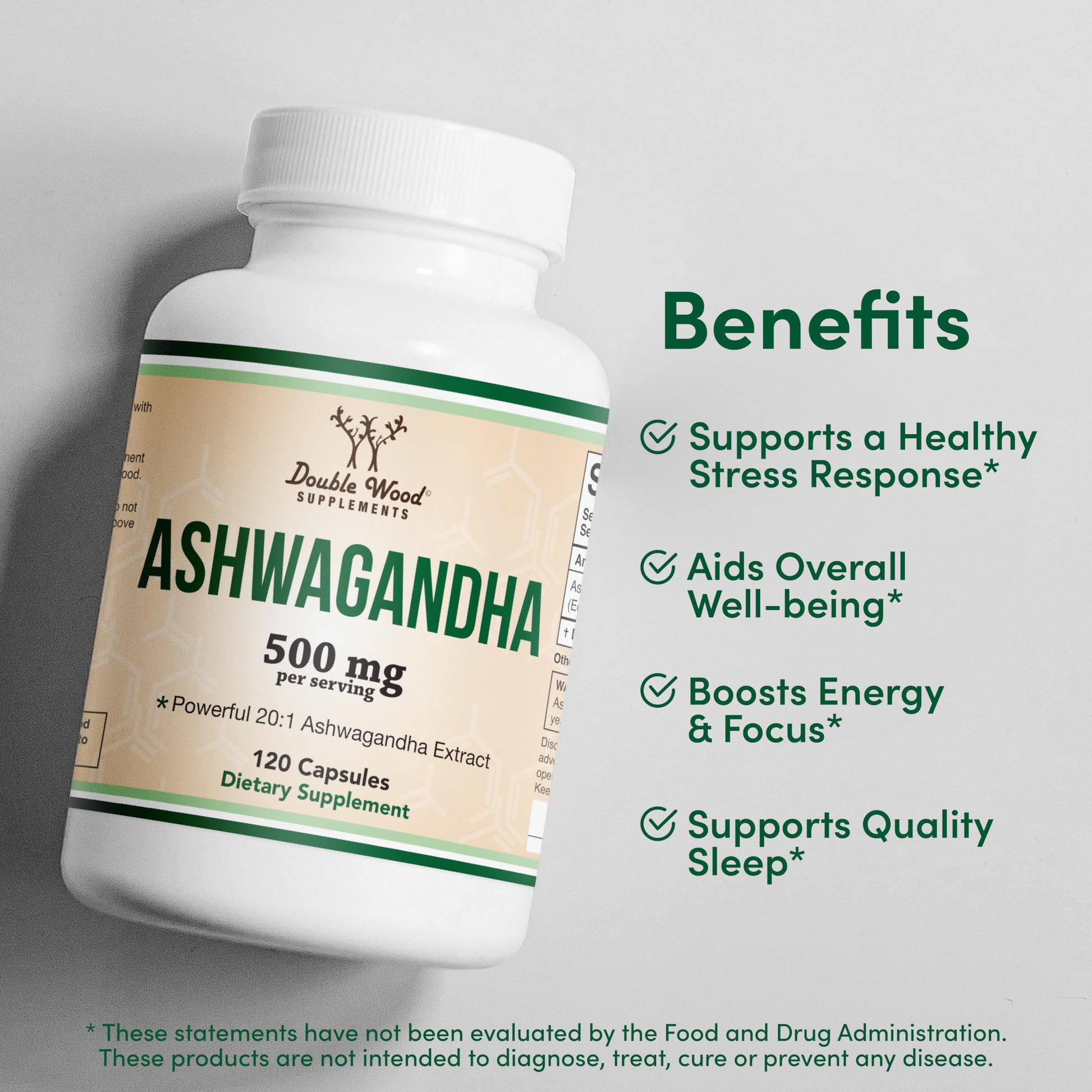 Supplement bottle labeled 'Ashwagandha' with benefits listed on a gray background