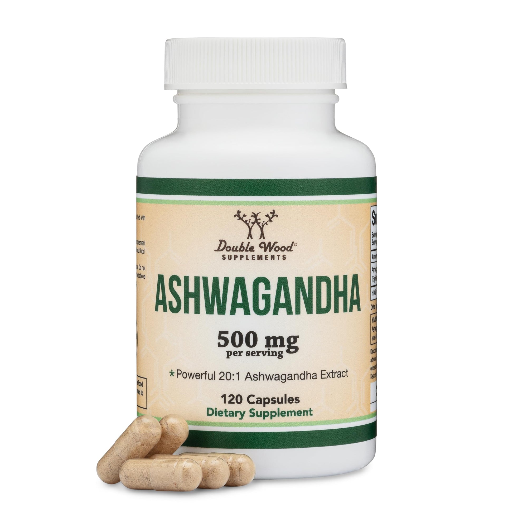 Supplement bottle labeled 'Ashwagandha 500 mg' with capsules on a white background