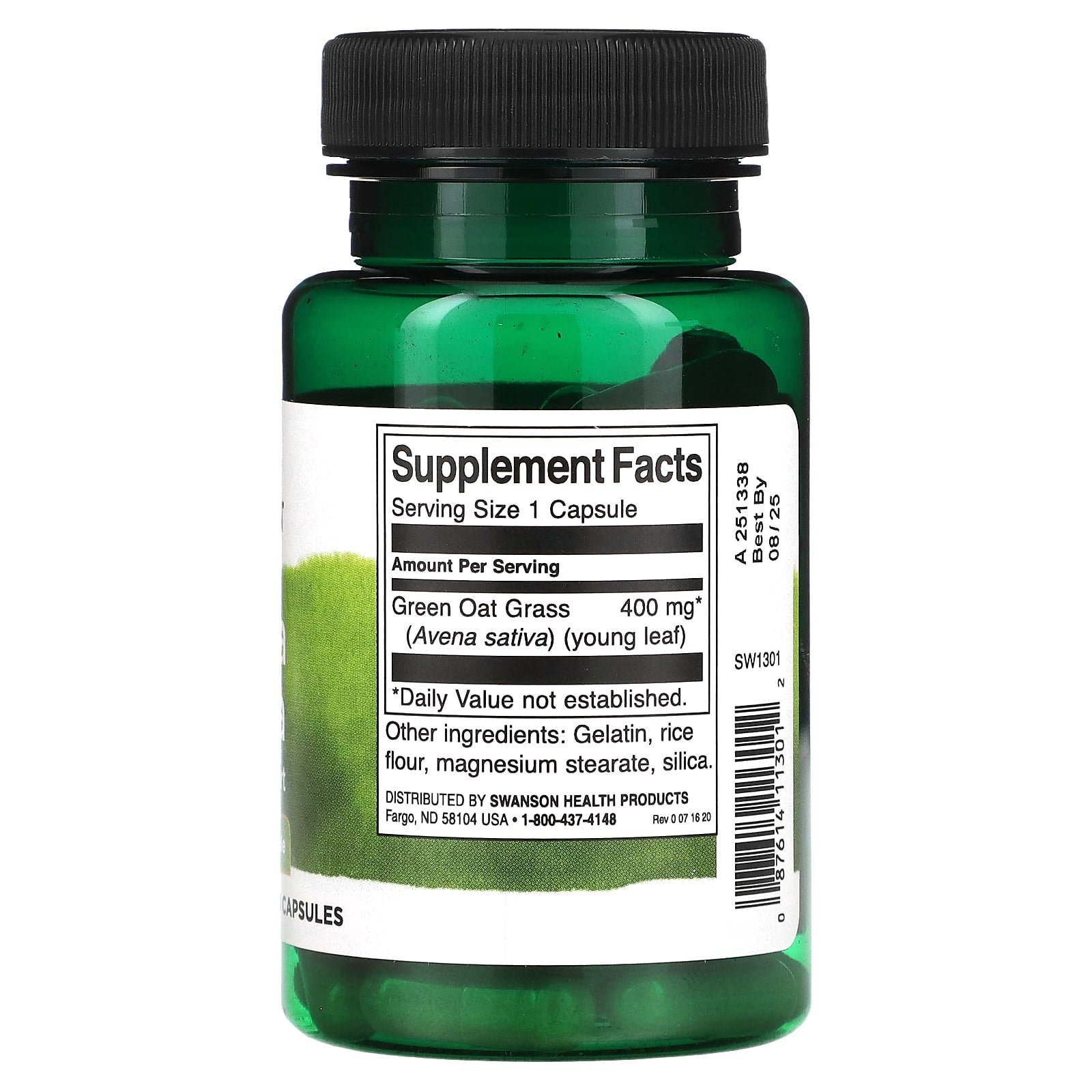 Green supplement bottle with label on a white background