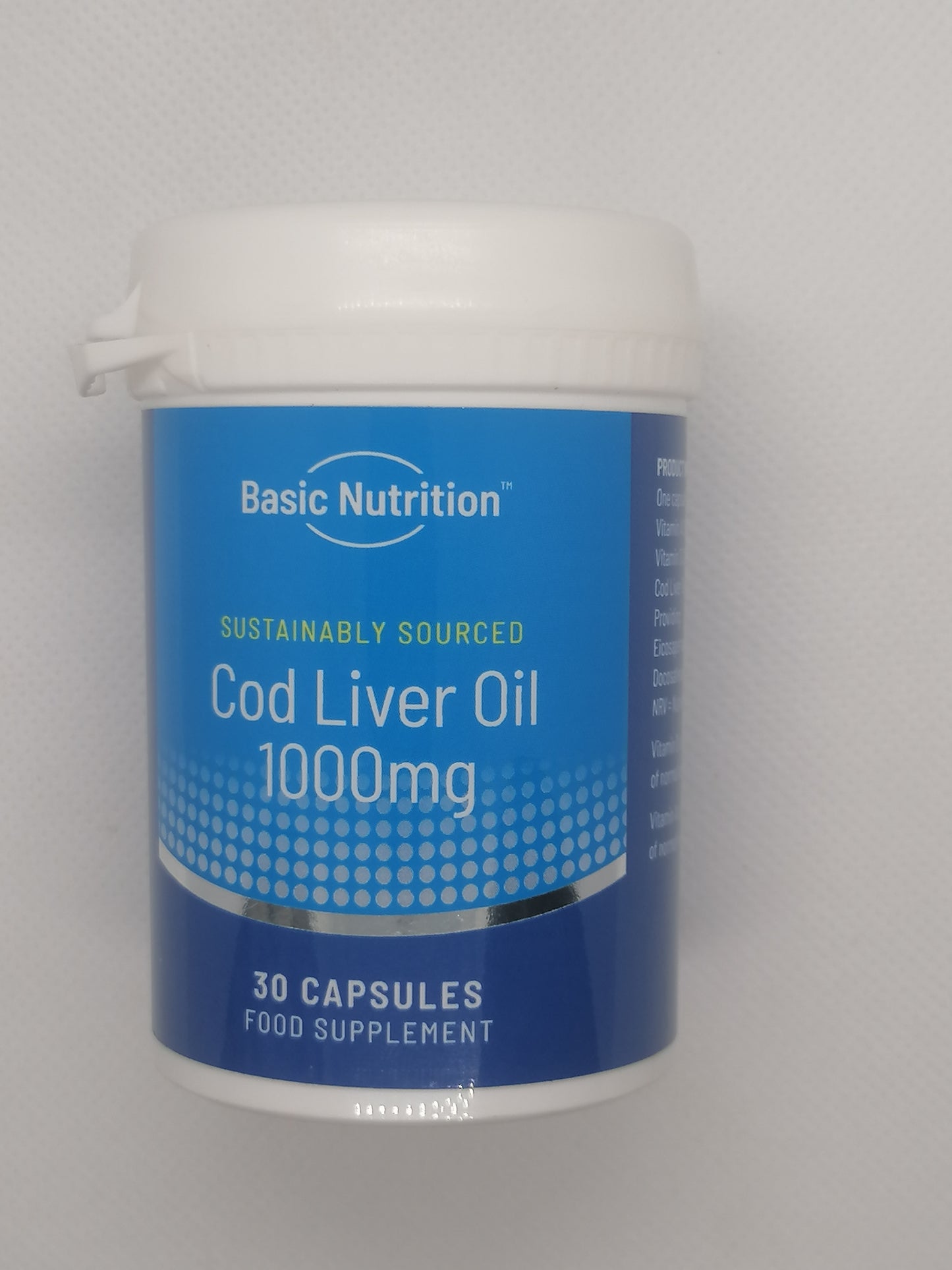 Basic Nutrition Cod Liver Oil 1000mg supplement container on a gray background