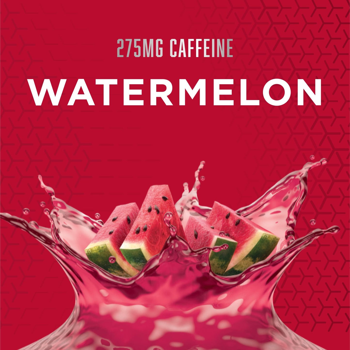 Sliced watermelon in a splash of red liquid with '275mg caffeine Watermelon' text on a red background. BSN NOxplode