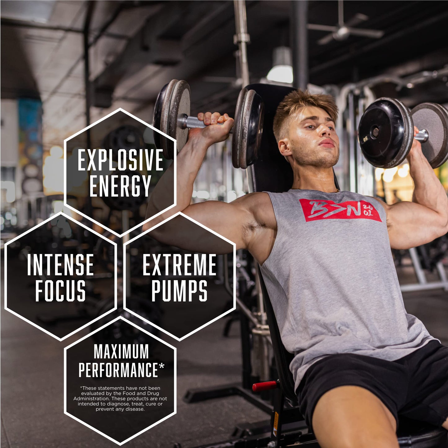 Man lifting weights in a gym with text about fitness benefits. BSN NOxplode