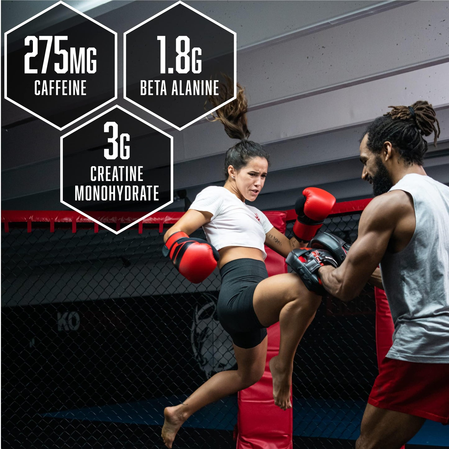 Two individuals in a martial arts training scene with supplement information overlay. BSN NOxplode