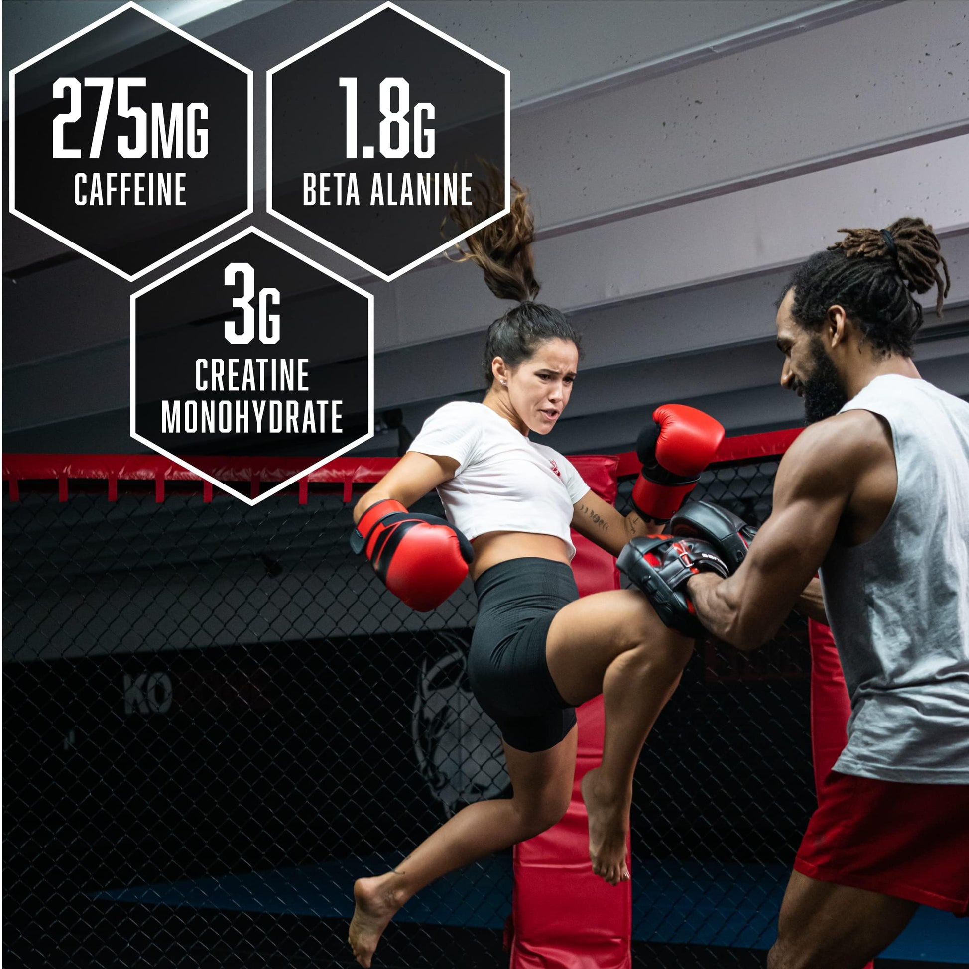 Two individuals in a martial arts training scene with supplement information overlay. BSN NOxplode