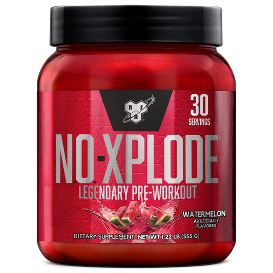 Red supplement container labeled 'NO-XPLODE' with watermelon flavor on a white background