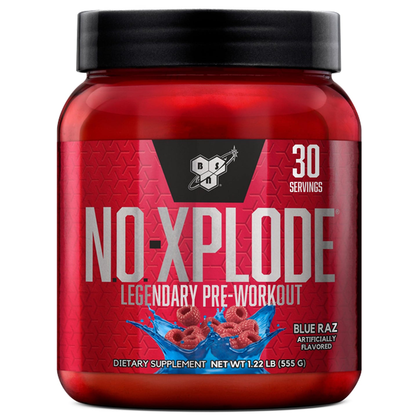 Red supplement container labeled 'NO-XPLODE' with a black lid on a white background