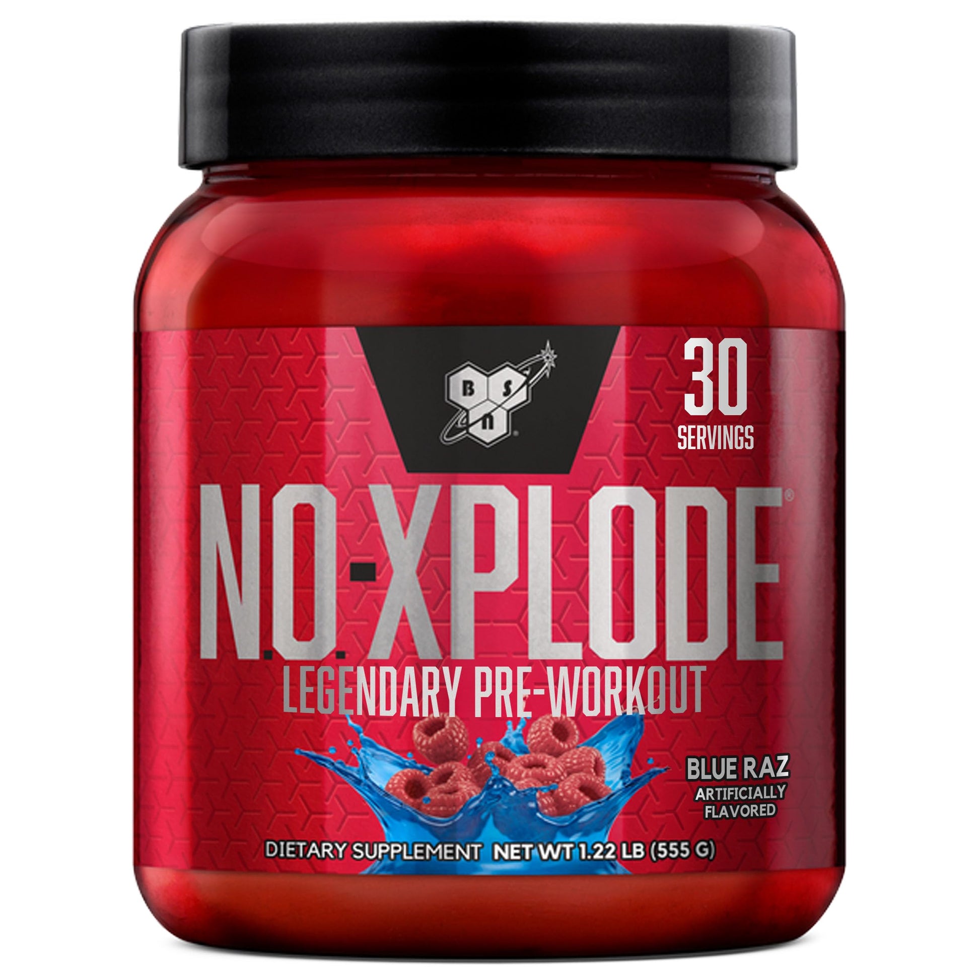 Red supplement container labeled 'NO-XPLODE' with a black lid on a white background