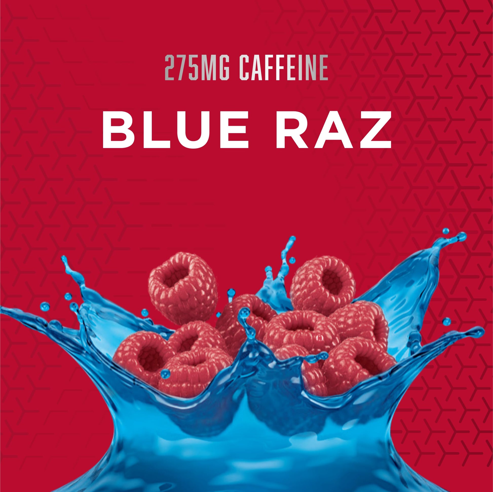 Blue Raz drink mix with raspberries and caffeine text on a red BSN NOxplode background