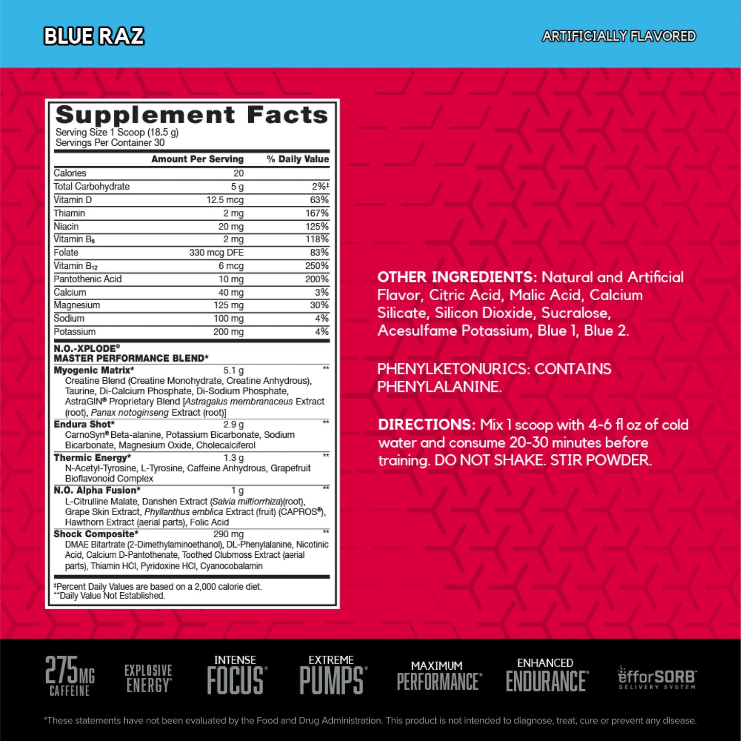 Supplement label with ingredient list and directions on a red and blue background BSN NOxplode