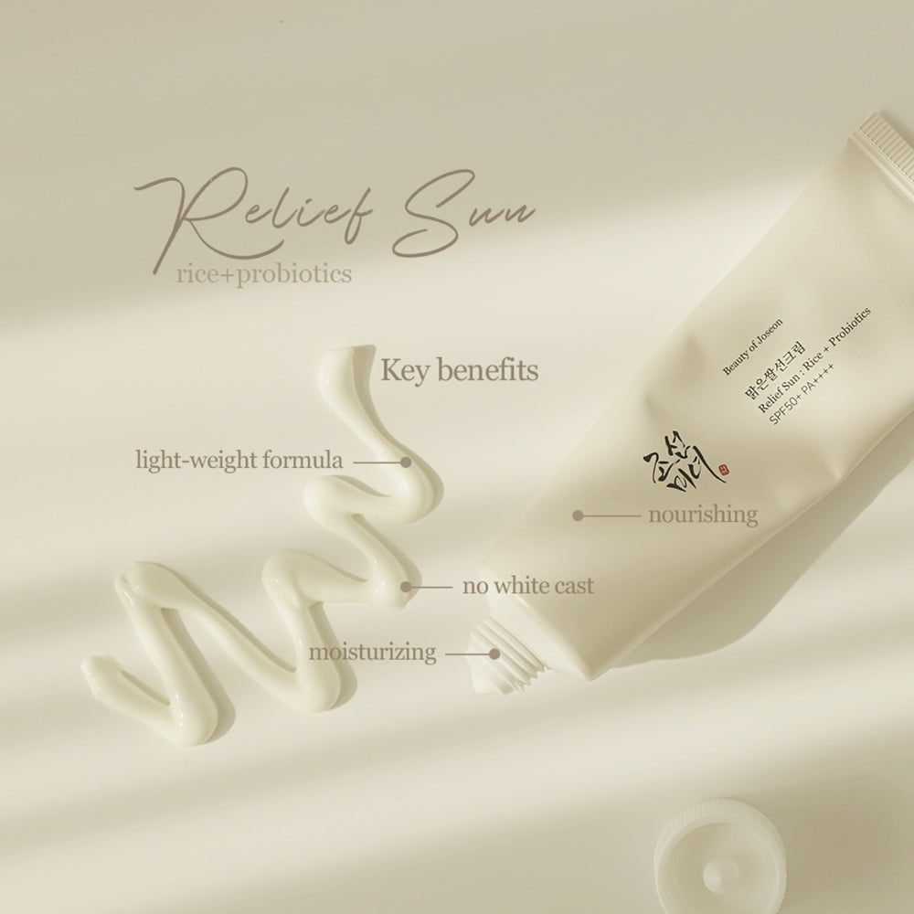 Skincare product with text highlighting key benefits on a beige background BEAUTY OF JOSEON