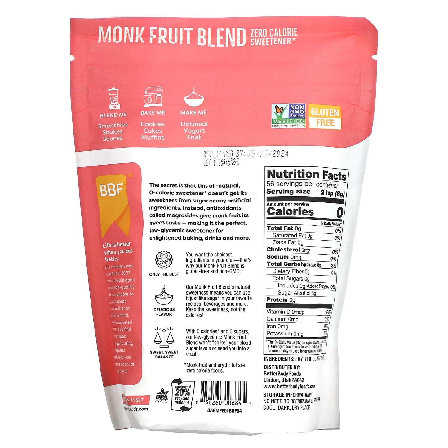 BetterBody Foods, Monk Fruit Blend, Sugar substitute 1 lb (454 g)