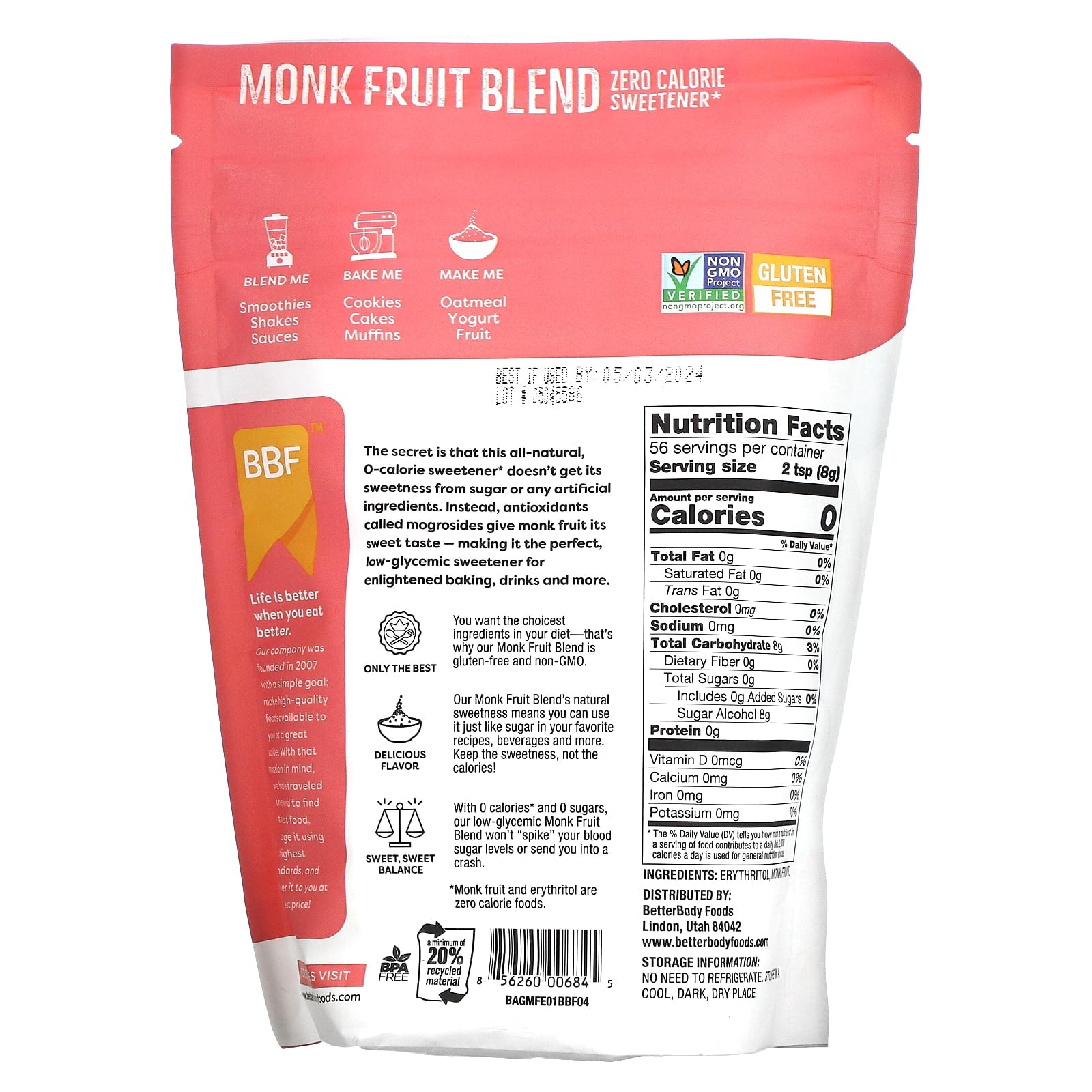 BetterBody Foods, Monk Fruit Blend, Sugar substitute 1 lb (454 g)