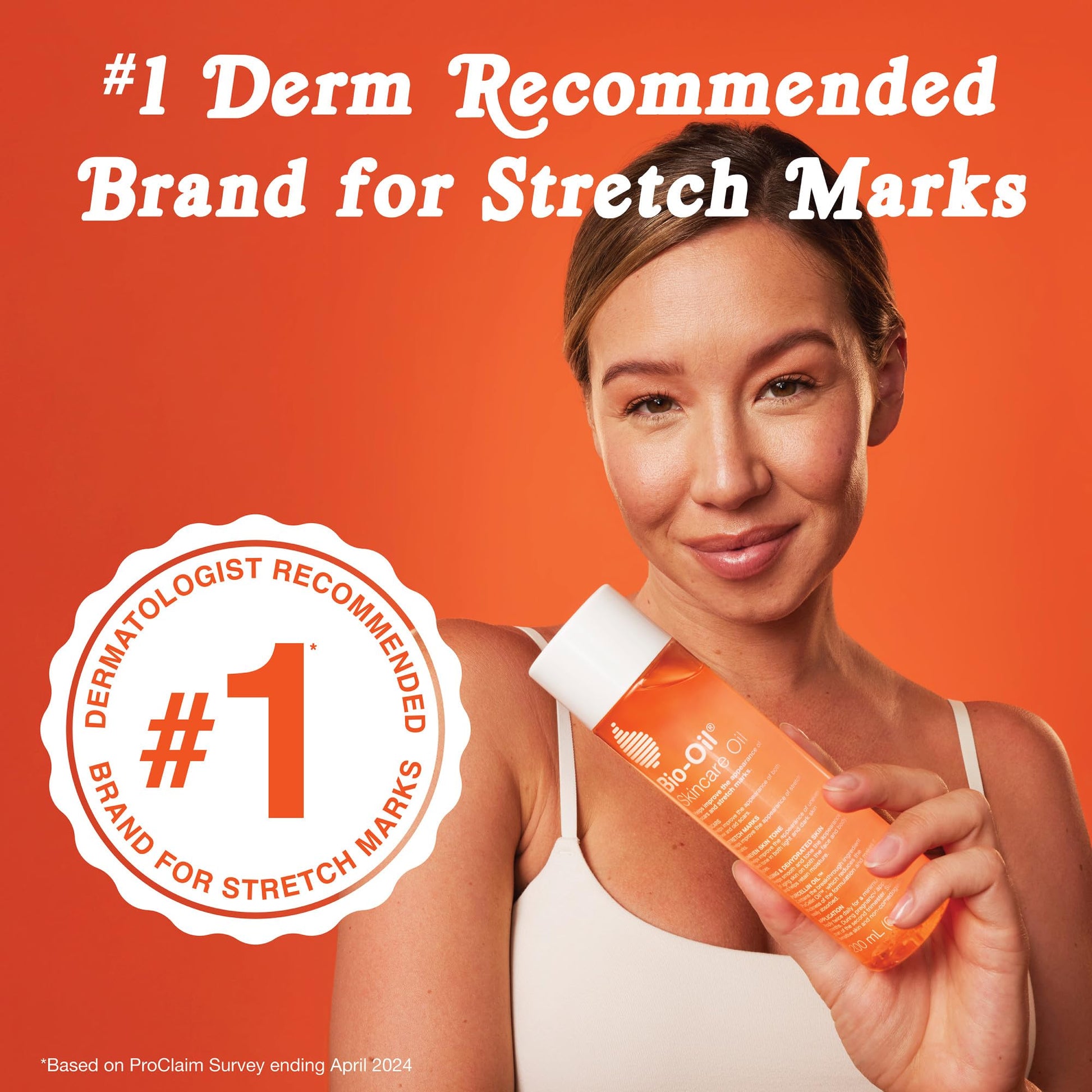 Woman holding an orange bottle with '#1 Derm Recommended Brand for Stretch Marks' text on a red background