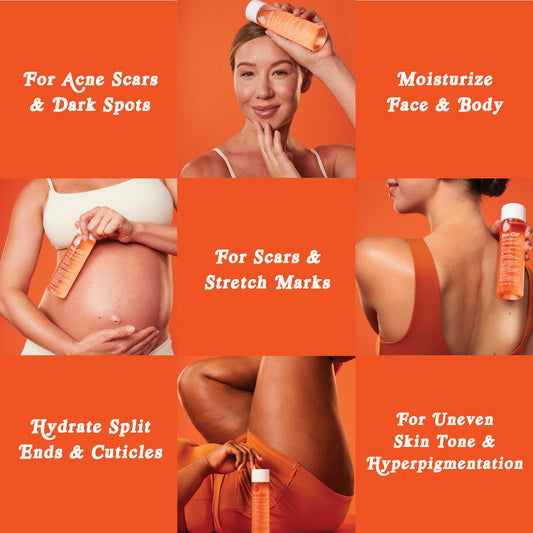 Promotional image of a skincare product with text on an orange background
