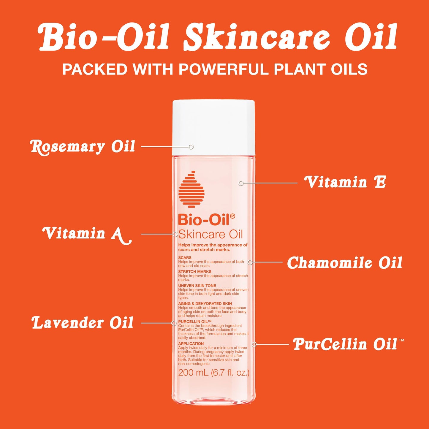 Bio-Oil Skincare Oil bottle with labeled ingredients on an orange background
