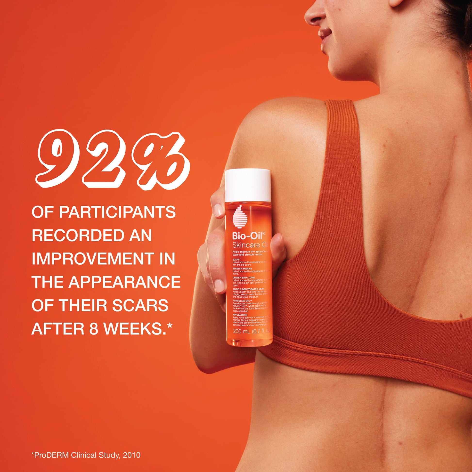 Woman holding a bottle of Bio-Oil Skincare Oil with text on an orange background