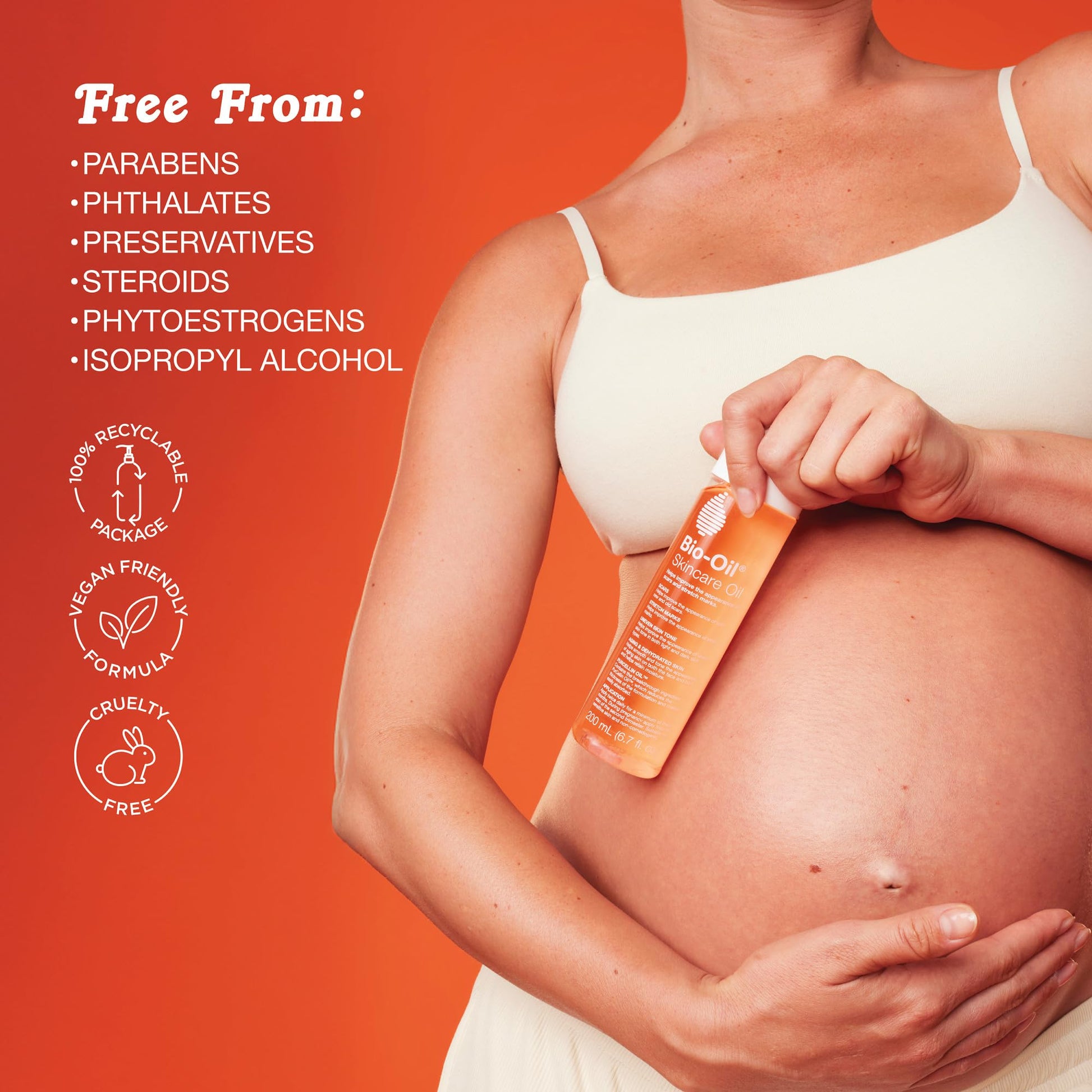 Pregnant woman holding a bottle of sunscreen with product features listed on an orange background
