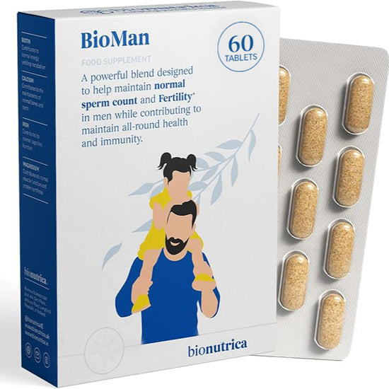BioMan food supplement packaging with tablets displayed on a white background