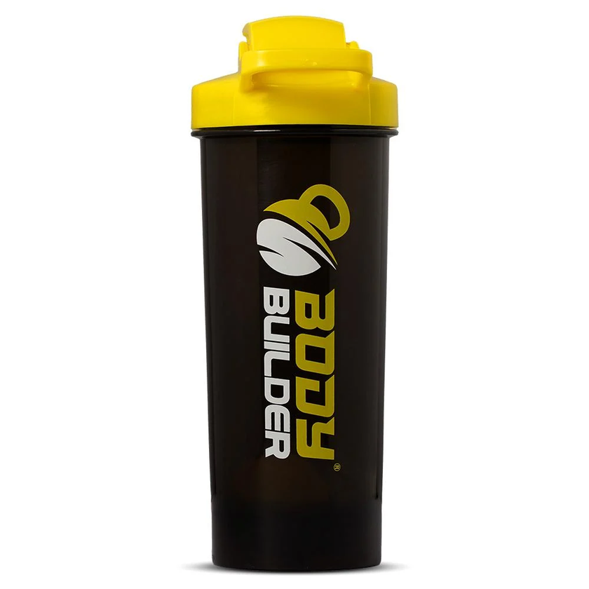 Black shaker bottle with yellow cap and 'Body Builder' logo on a white background