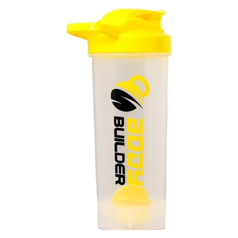 Shaker bottle with yellow cap and 'Body Builder' branding on a white background