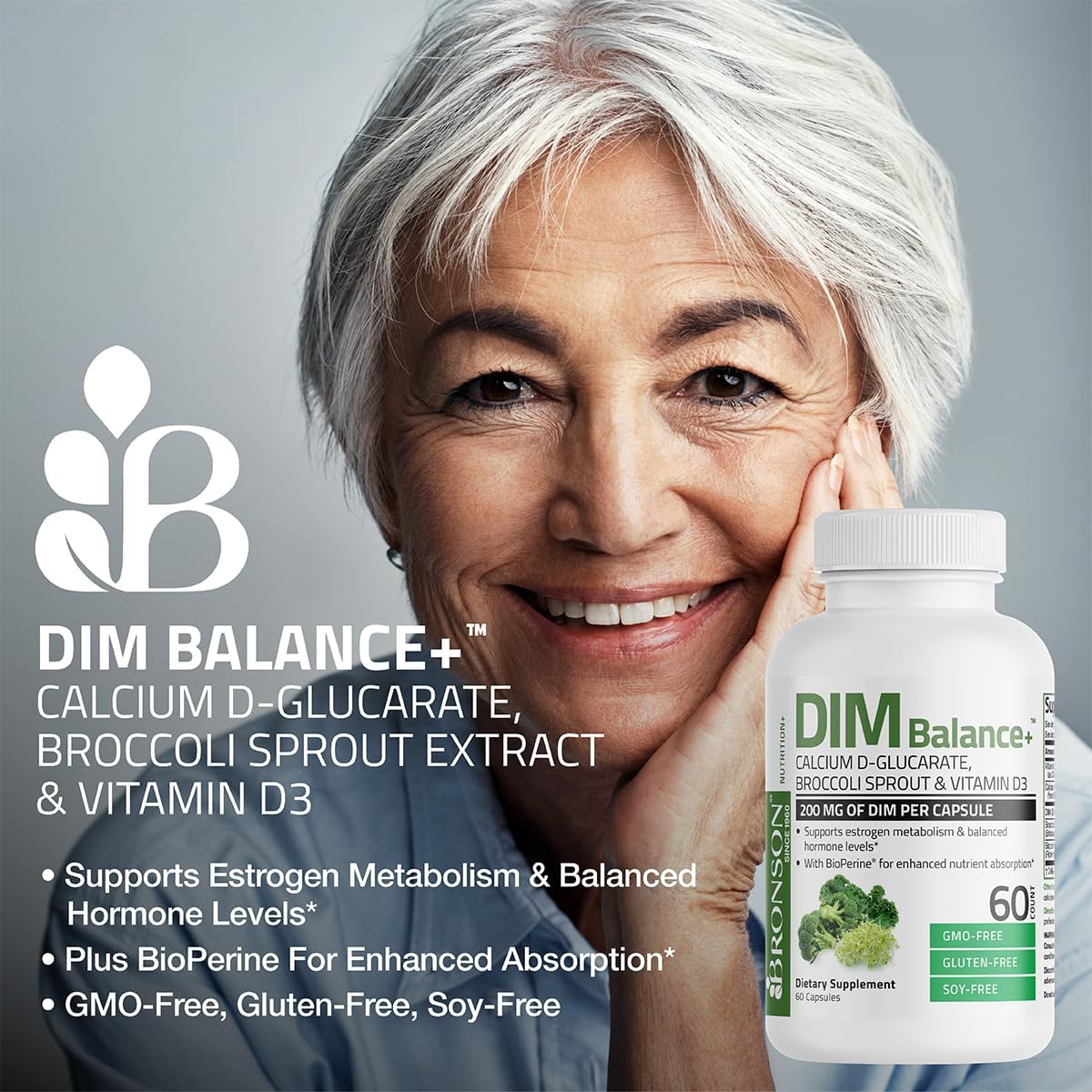 Woman holding a bottle of DIM Balance supplement with product details on a gray background
