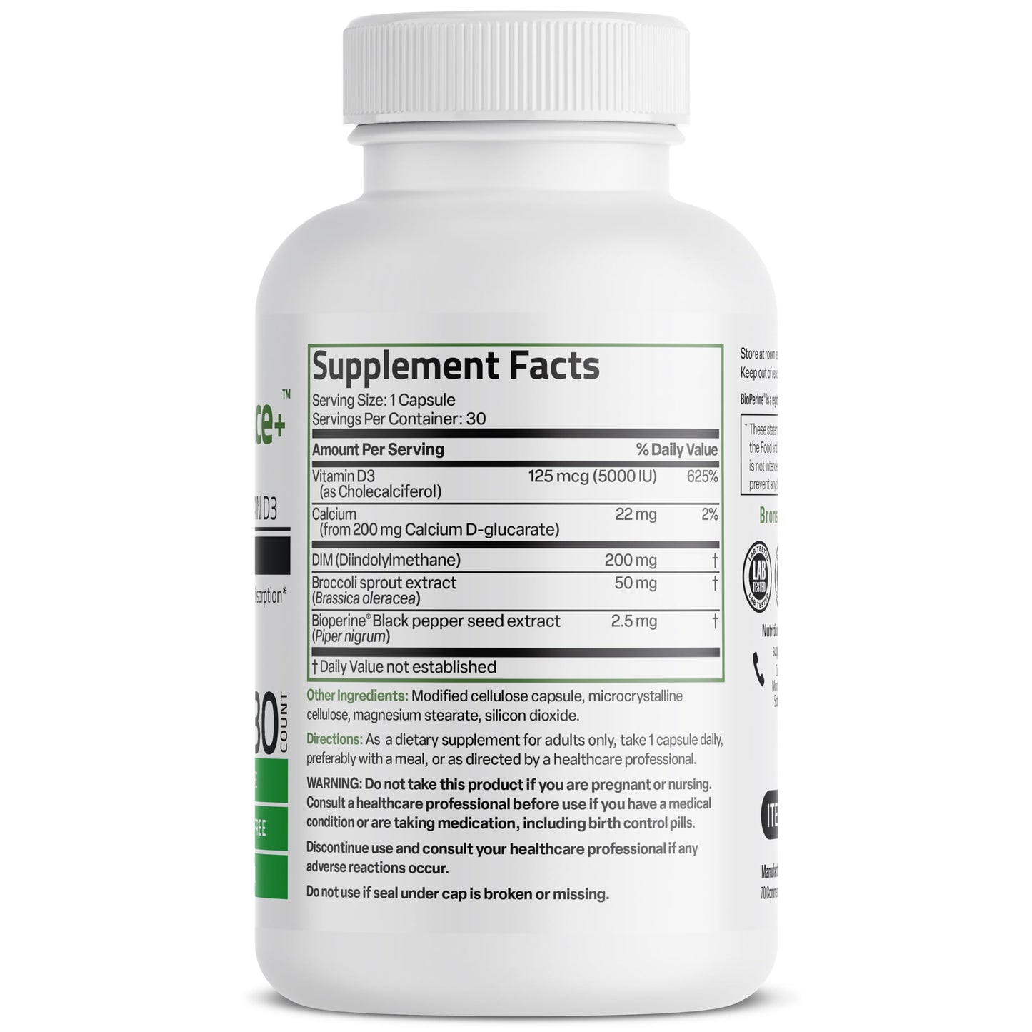 Supplement bottle labeled 'DIM Balance+' with capsules on a white background