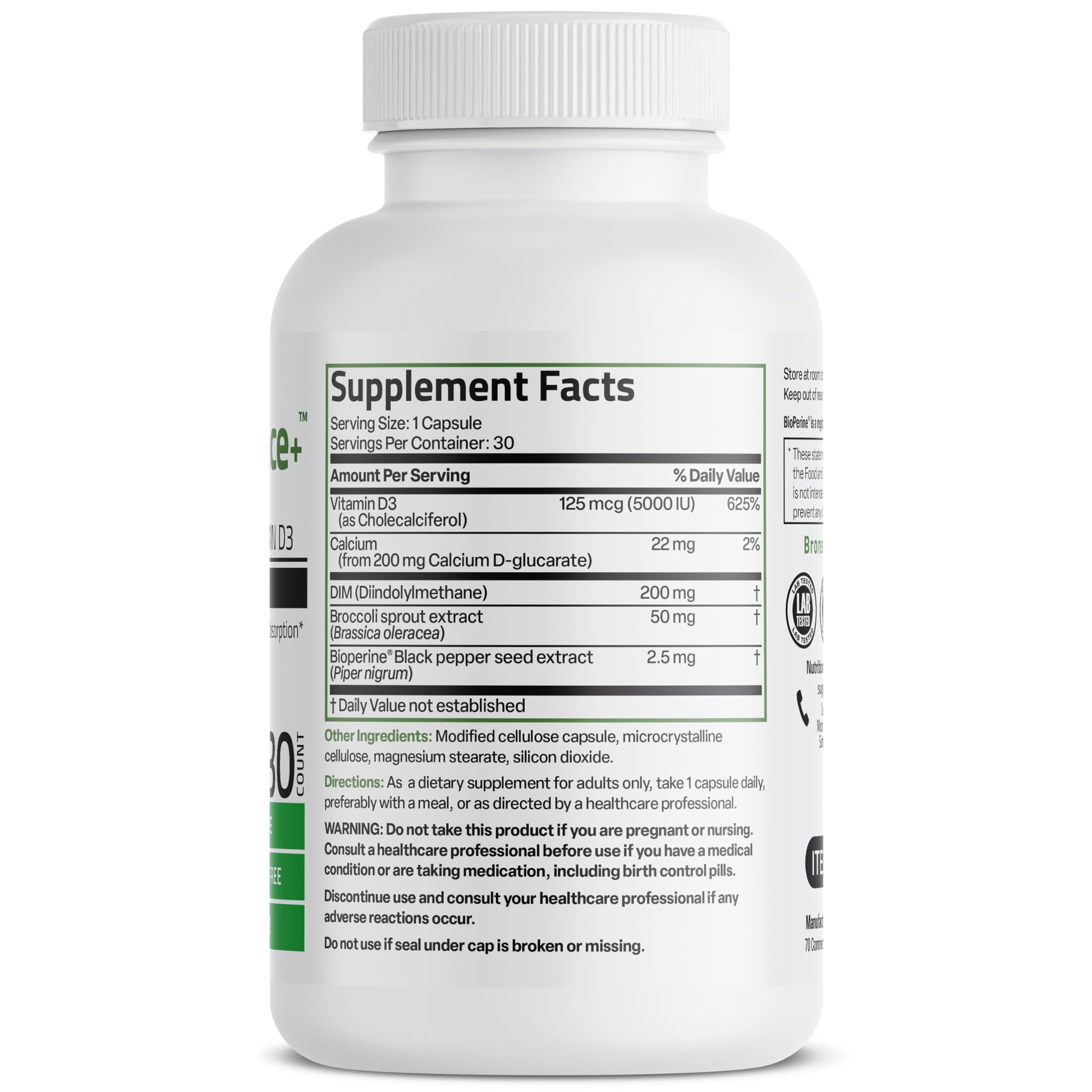 Supplement bottle labeled 'DIM Balance+' with capsules on a white background