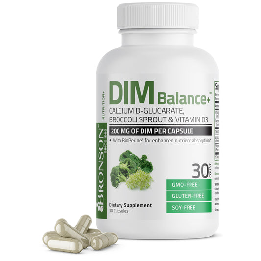 Supplement bottle labeled 'DIM Balance+' with capsules on a white background