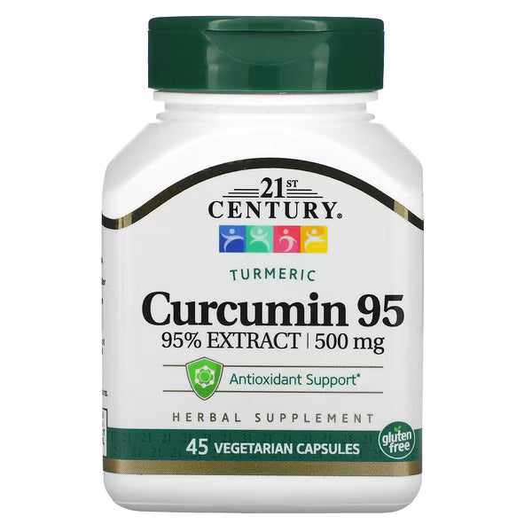 Supplement bottle labeled '21st Century Turmeric Curcumin 95' on a white background