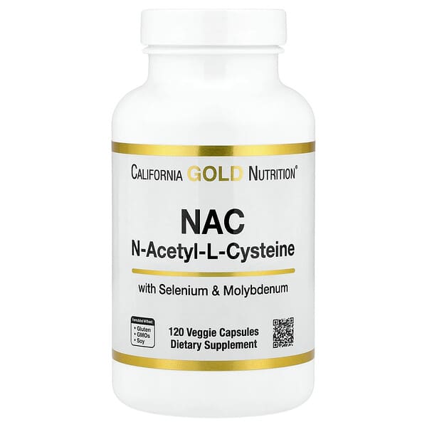 Supplement bottle labeled 'NAC N-Acetyl-L-Cysteine' by California Gold Nutrition on a white background.