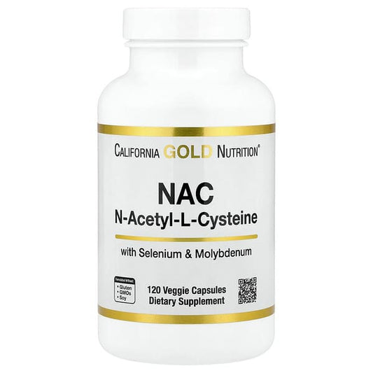Supplement bottle labeled 'NAC N-Acetyl-L-Cysteine' by California Gold Nutrition on a white background.