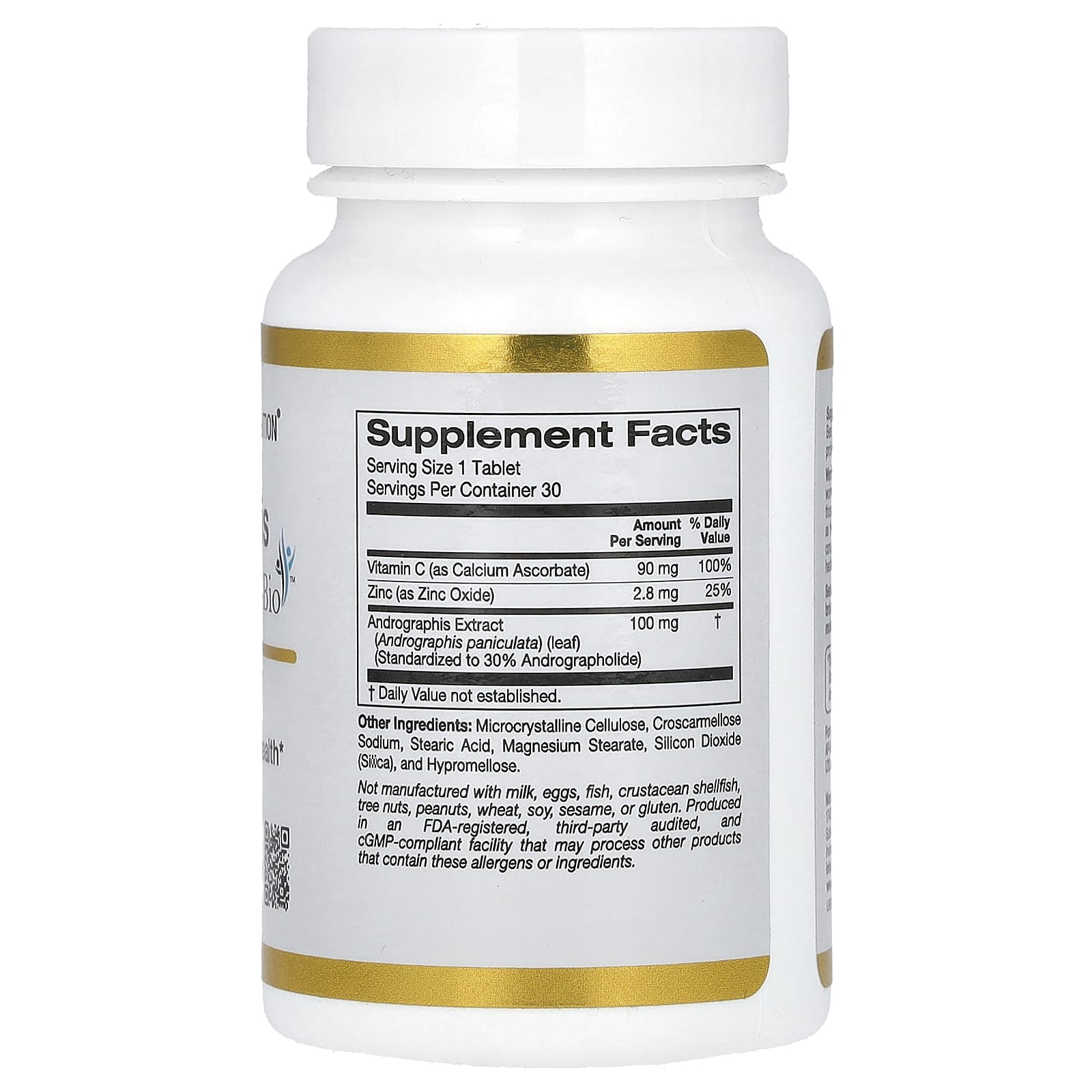 Supplement bottle with gold label and white background